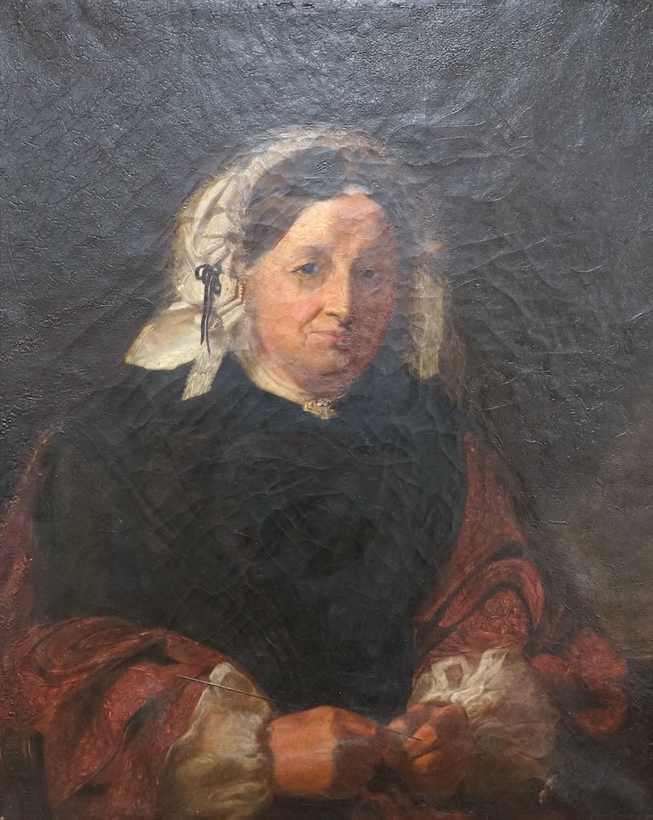 A mid 19th century, English School, oil on canvas, Portrait of an elderly lady wearing a bonnet, with details of the sitter verso, 62 x 49cm, gilt framed